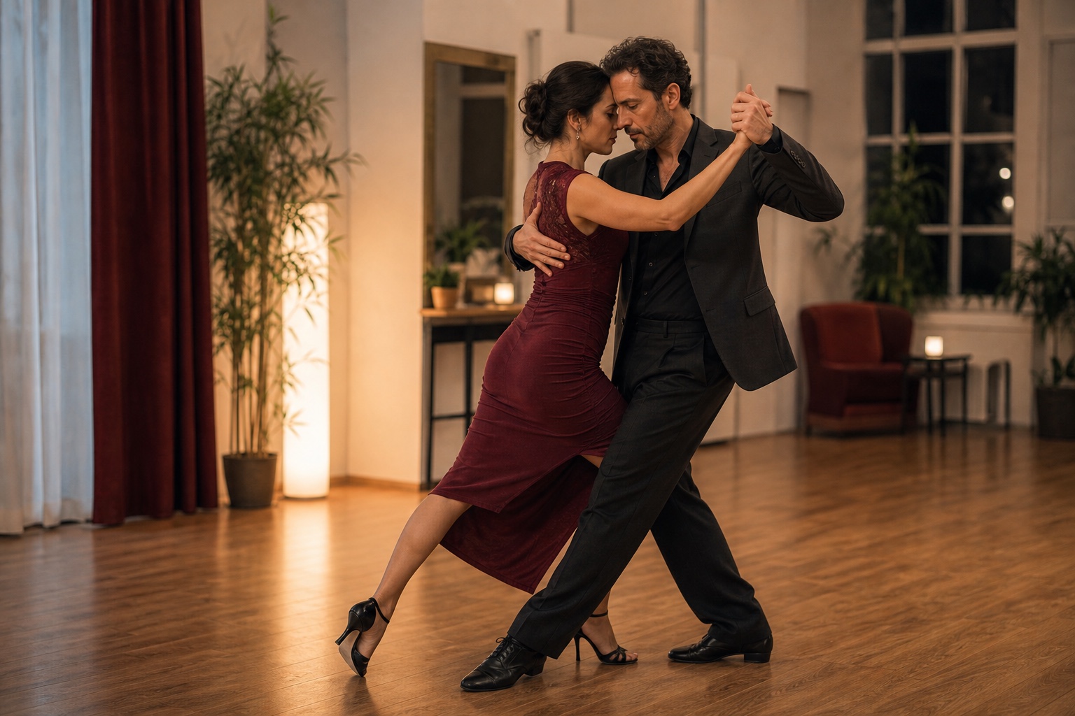 Par som dansar argentinsk tango i en elegant dansstudio