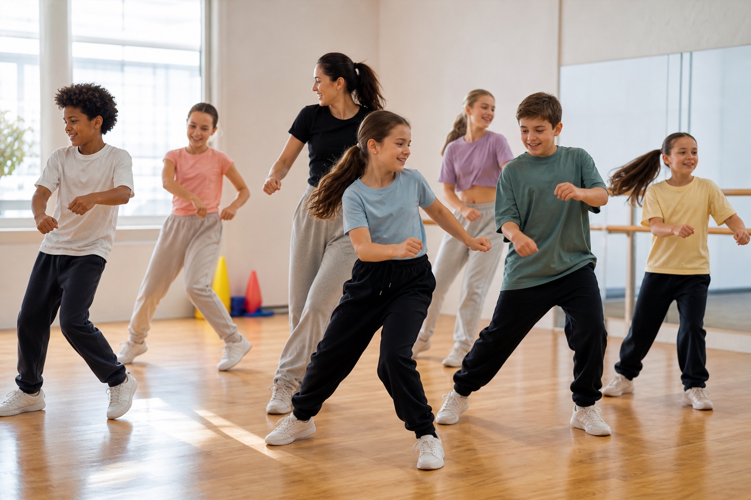 Barn och ungdomar som dansar tillsammans i en ljus studio