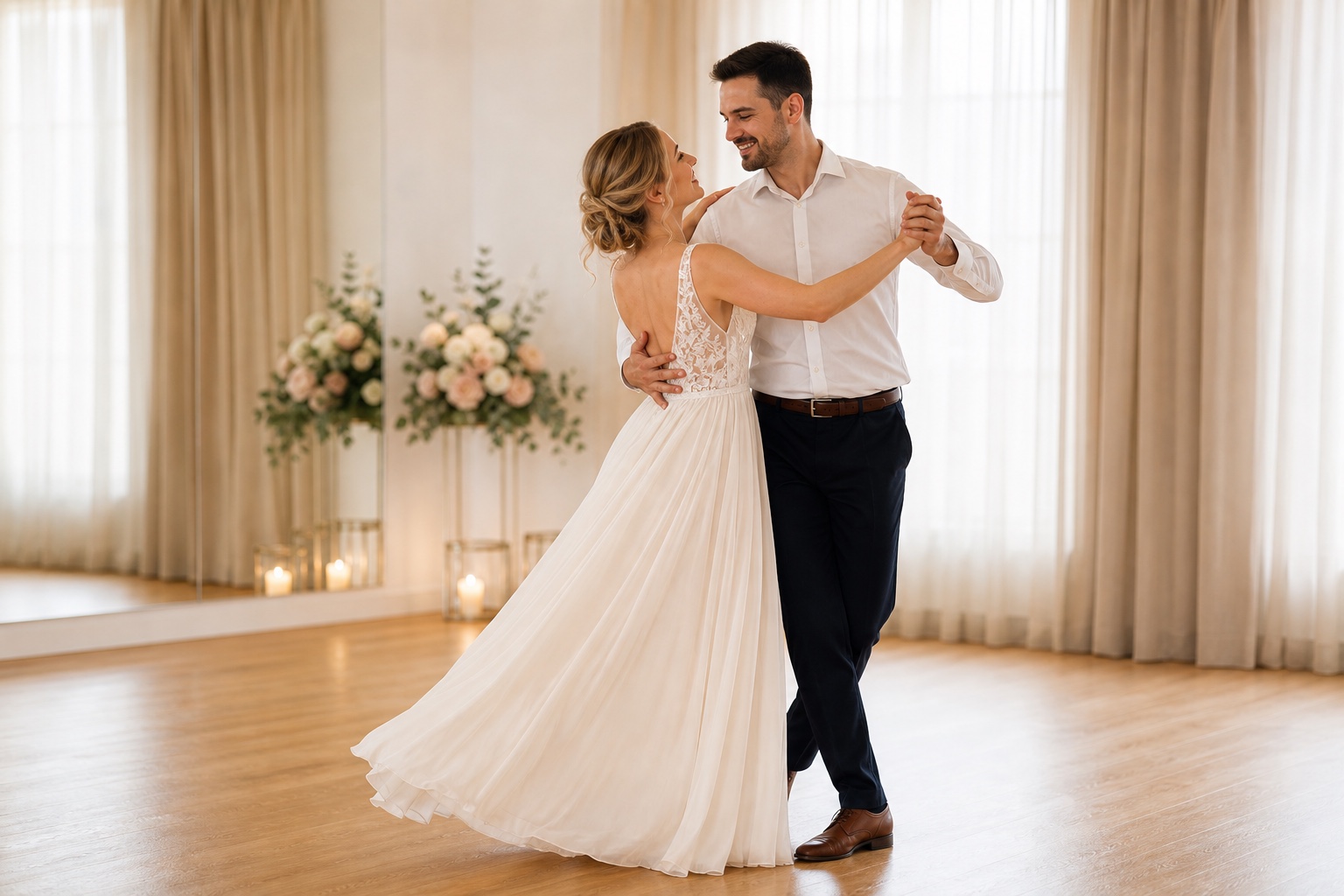 Brudpar som övar brudvals i en dansstudio