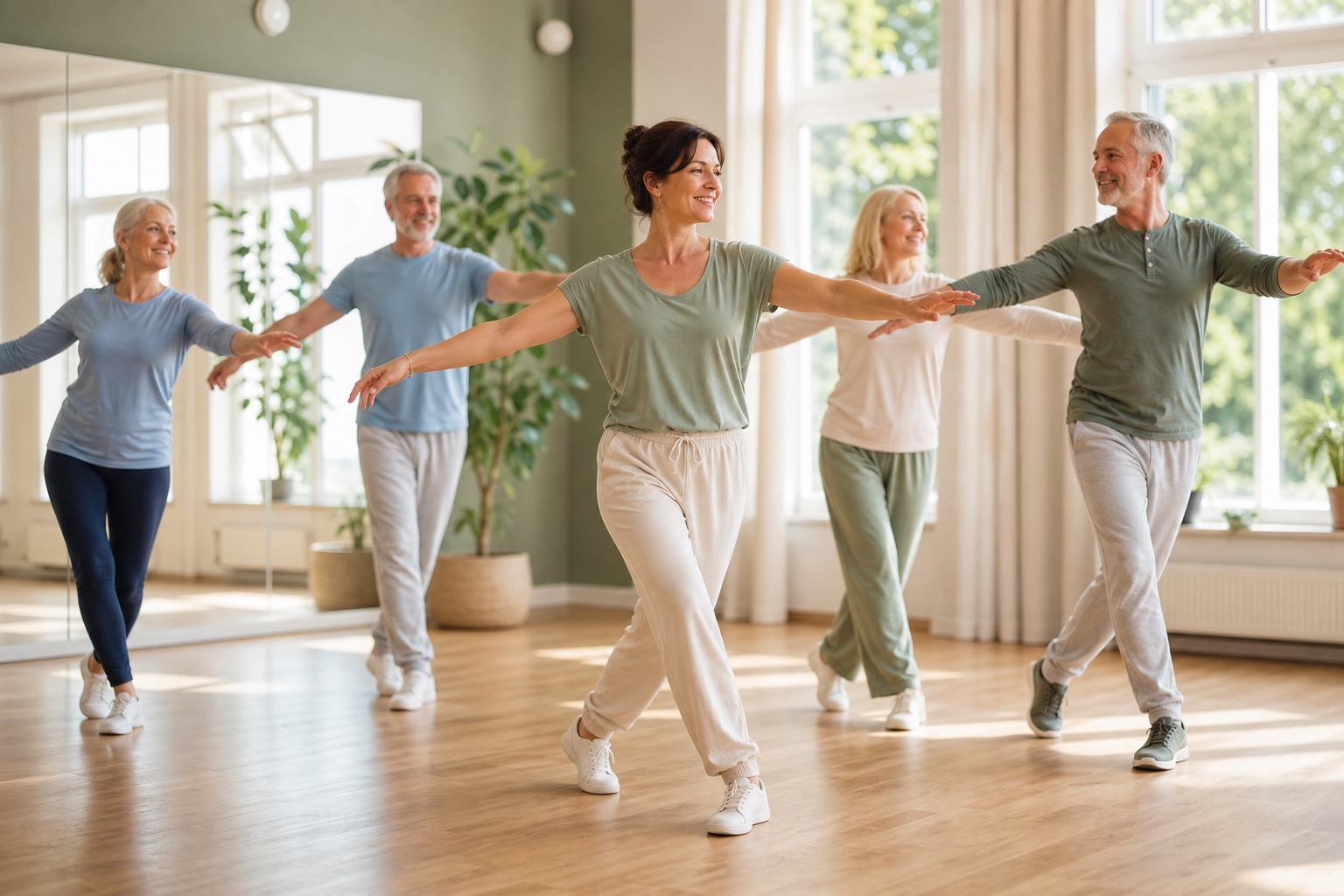 Vuxna som dansar lugnt tillsammans som friskvård