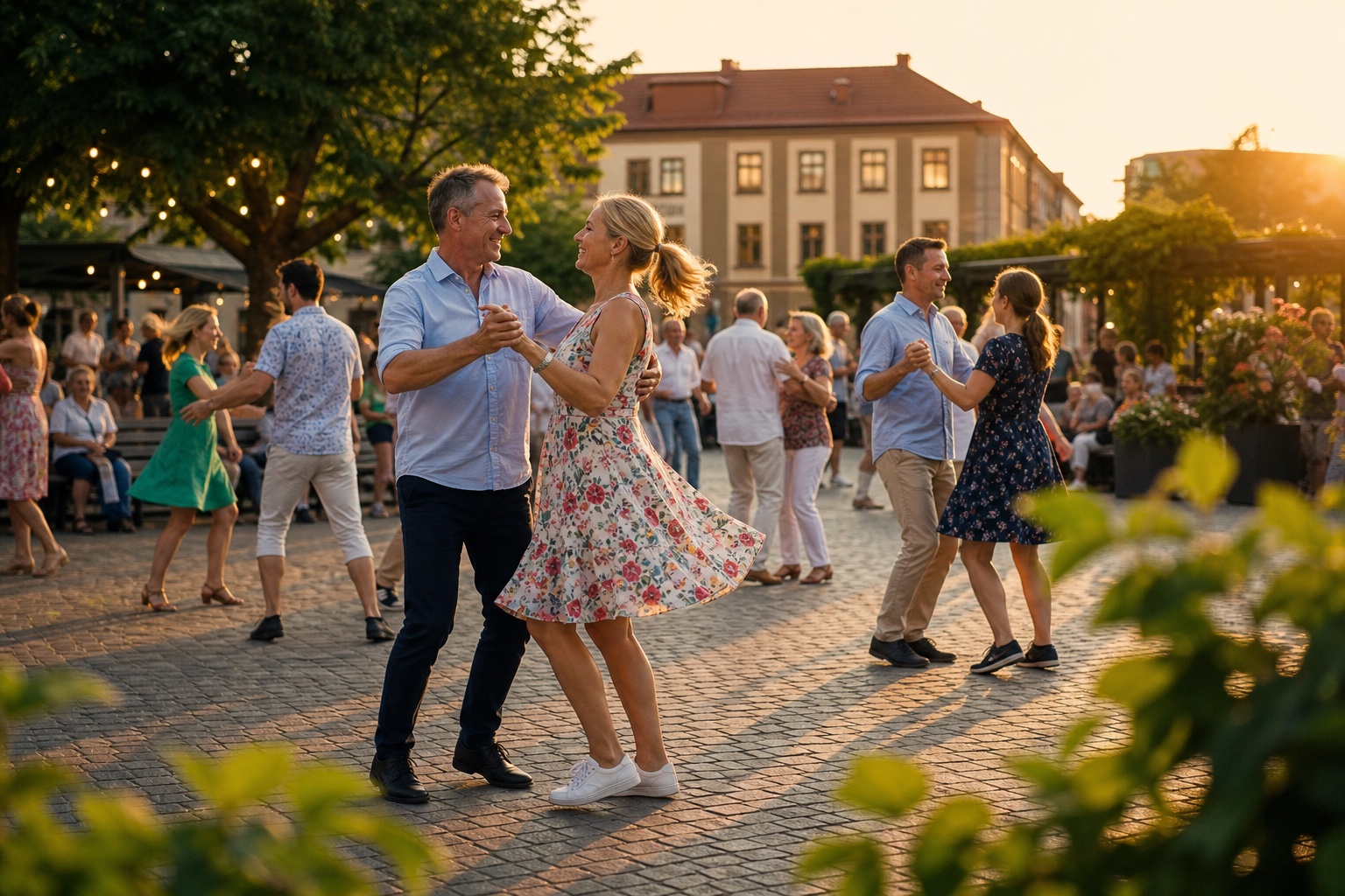 Par som dansar utomhus på ett sommartorg