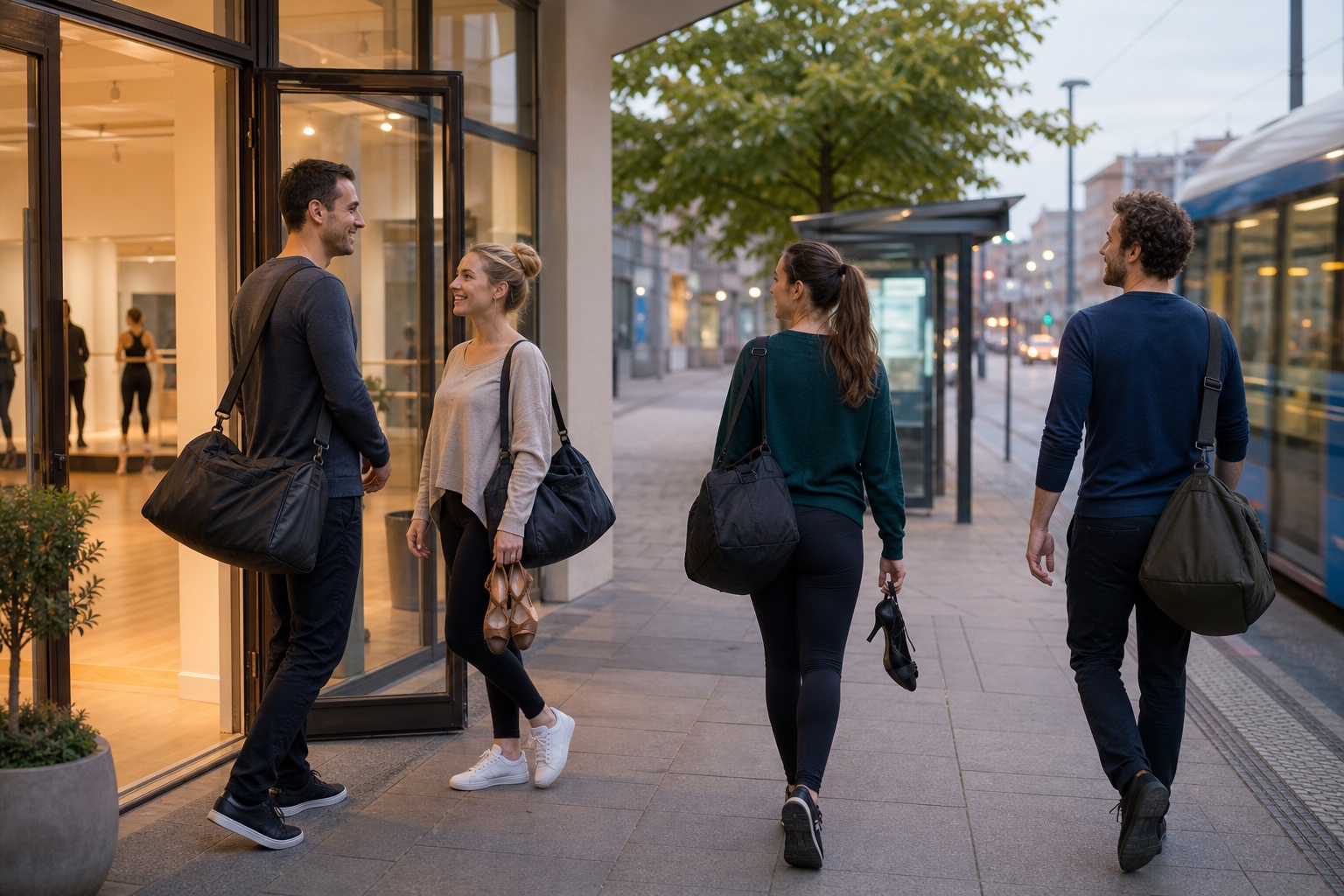 Dansare som anländer till en dansstudio nära kollektivtrafik