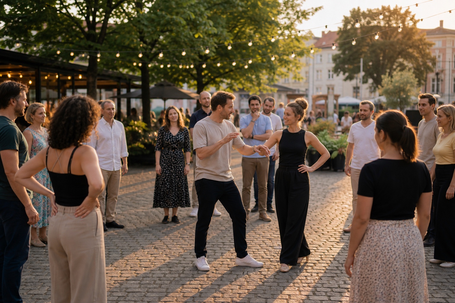 Danslarare som visar enkla steg utomhus fore kvallens dans