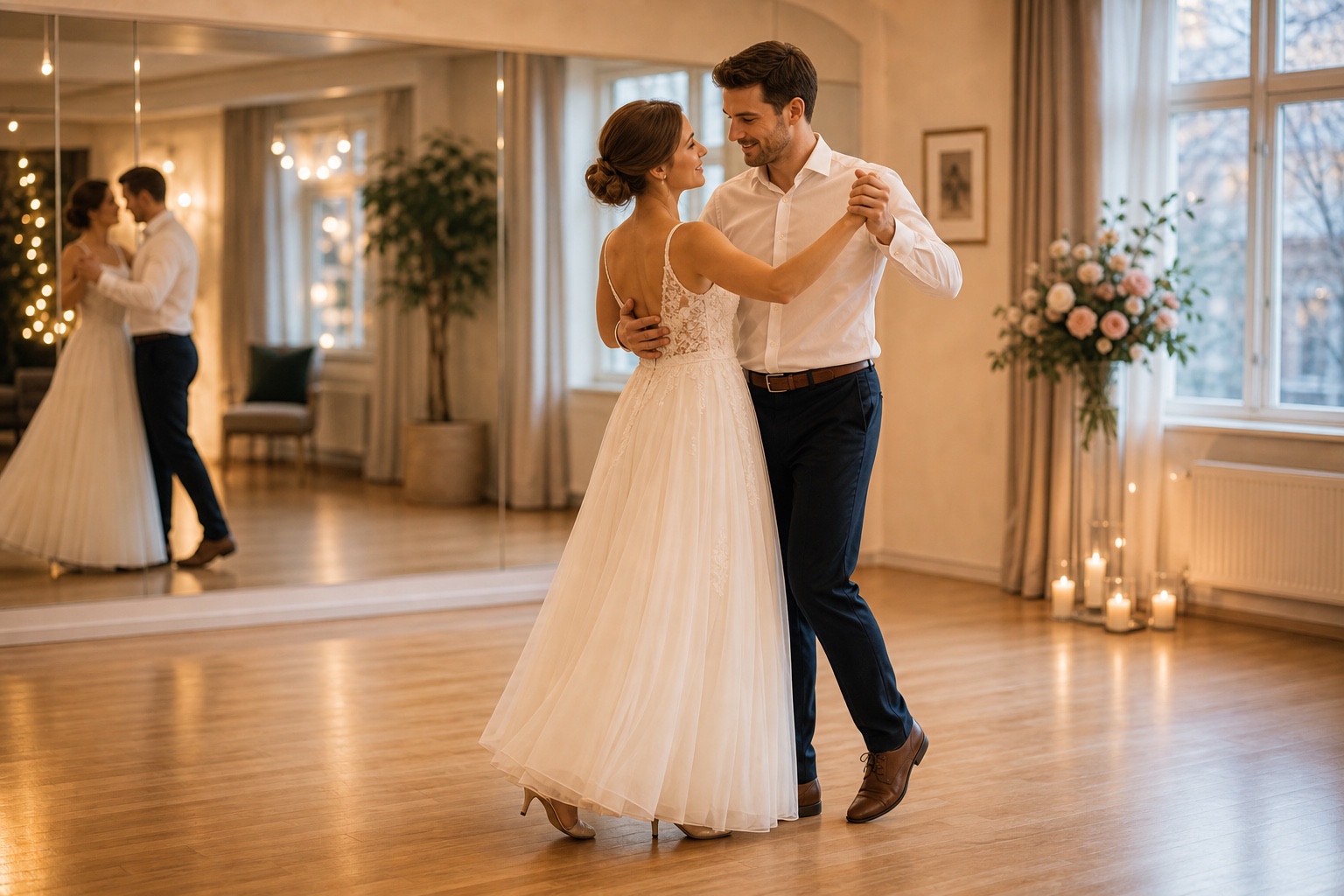 Brudpar som ovar forsta dansen infor brollopet