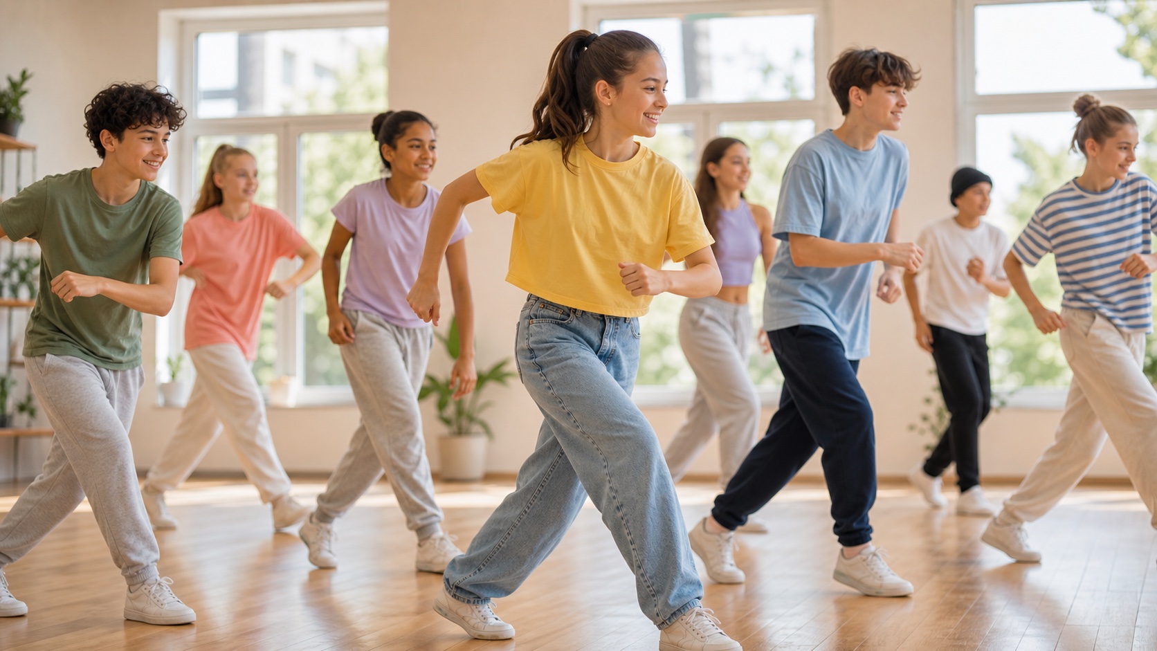 Barn och ungdomar som dansar tillsammans i studio