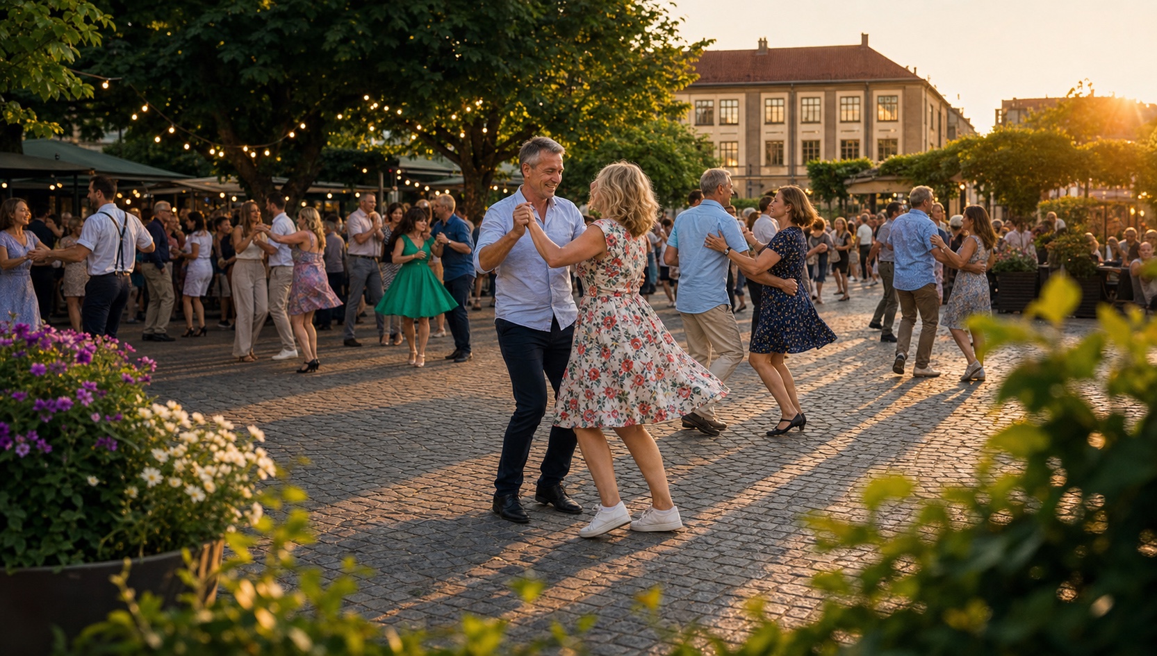 Sommardans pa torg med manniskor som dansar utomhus