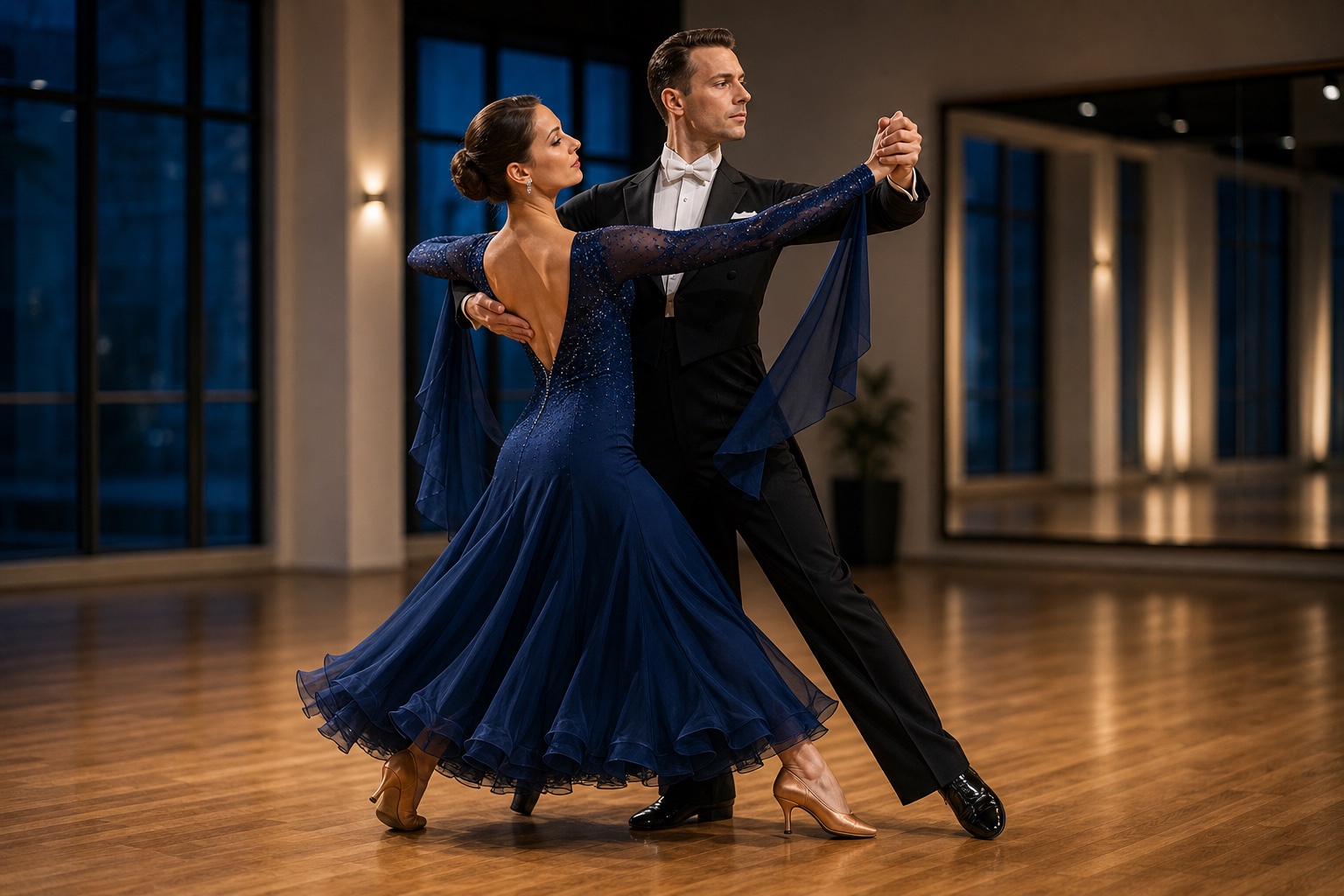 Tavlingsdansare i elegant ballroom-stallning