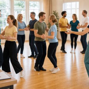 Nybörjare som provar danssteg under en prova-pa-dag