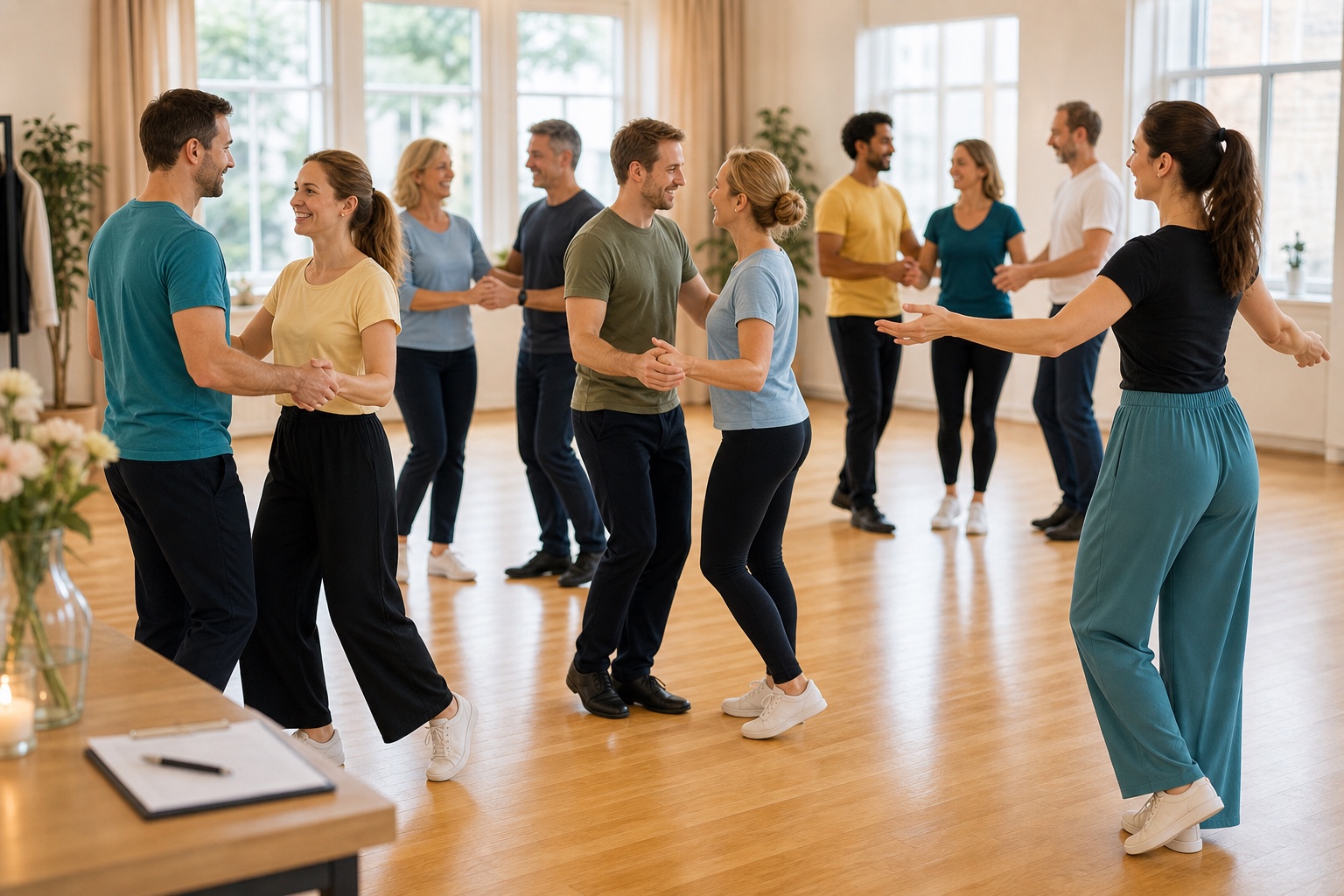 Nybörjare som provar danssteg under en prova-pa-dag