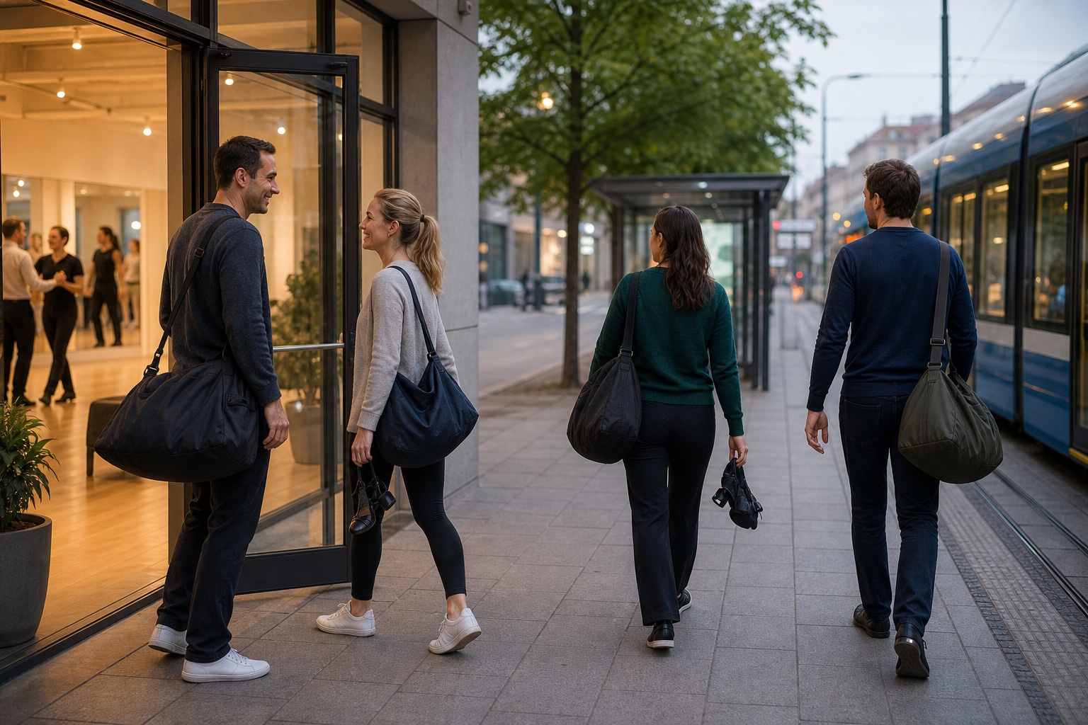 Elever som anländer till dansstudio nara kollektivtrafik